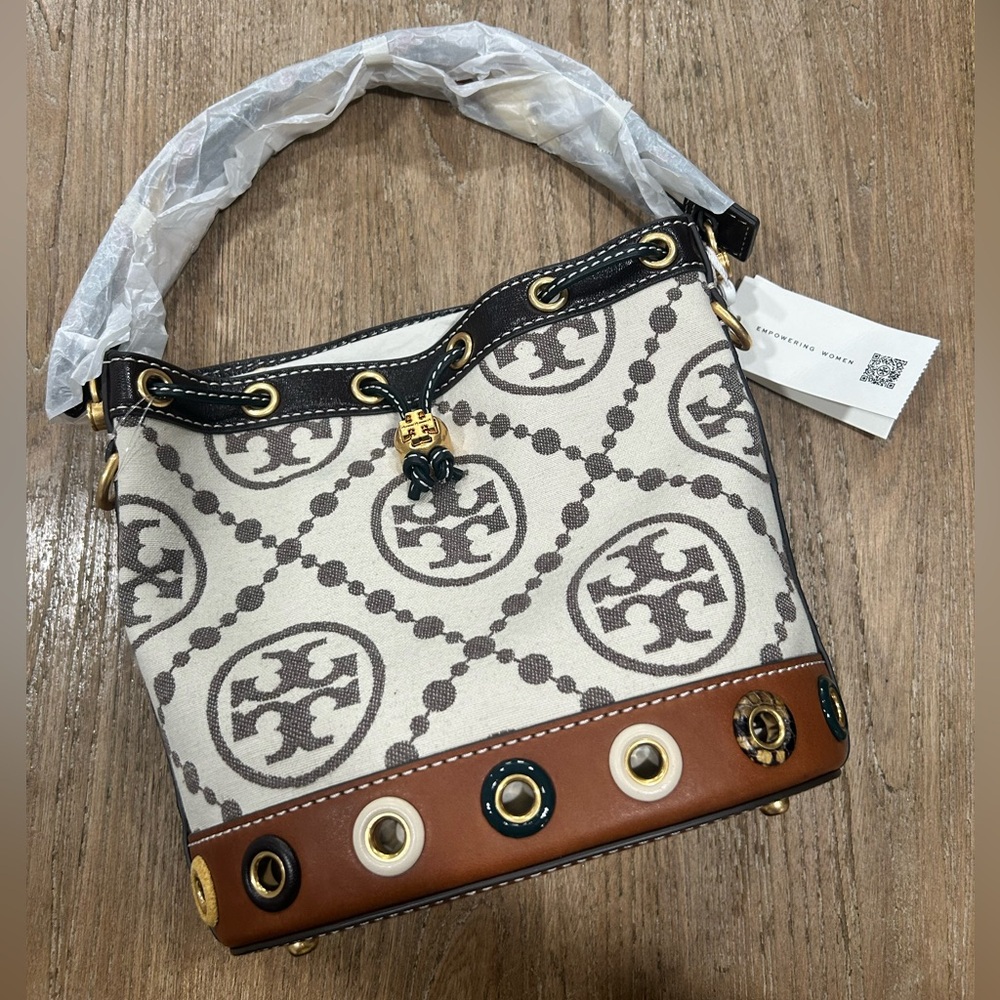 Tory Burch T Monogram Grommet Bucket Bag (Ivory Multi Leather & Canvas) NWT